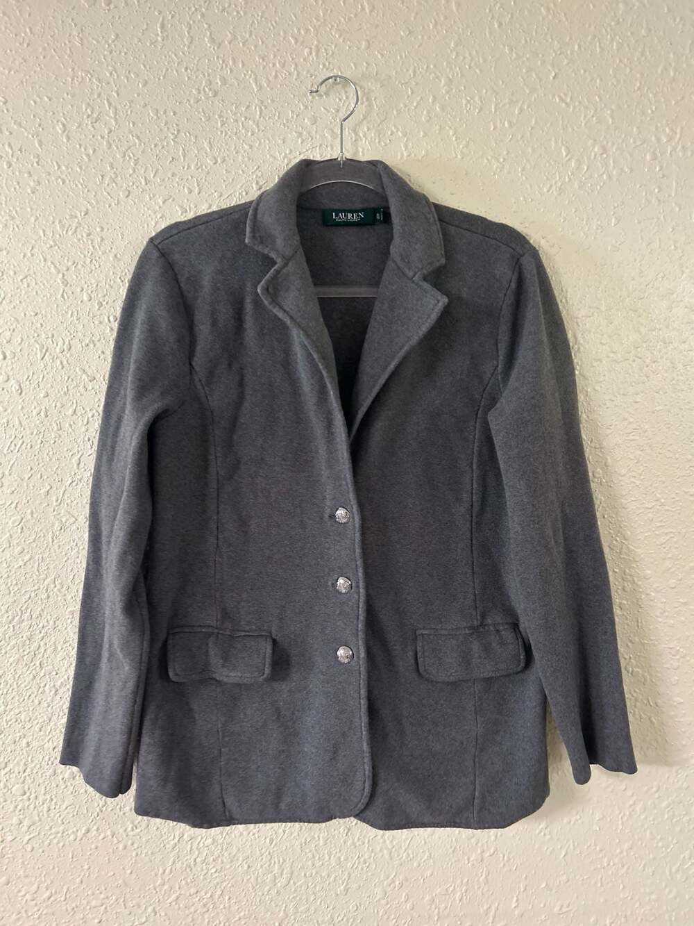 Lauren Ralph Lauren Women's Grey Knit Sweater Blazer with Crest Buttons
